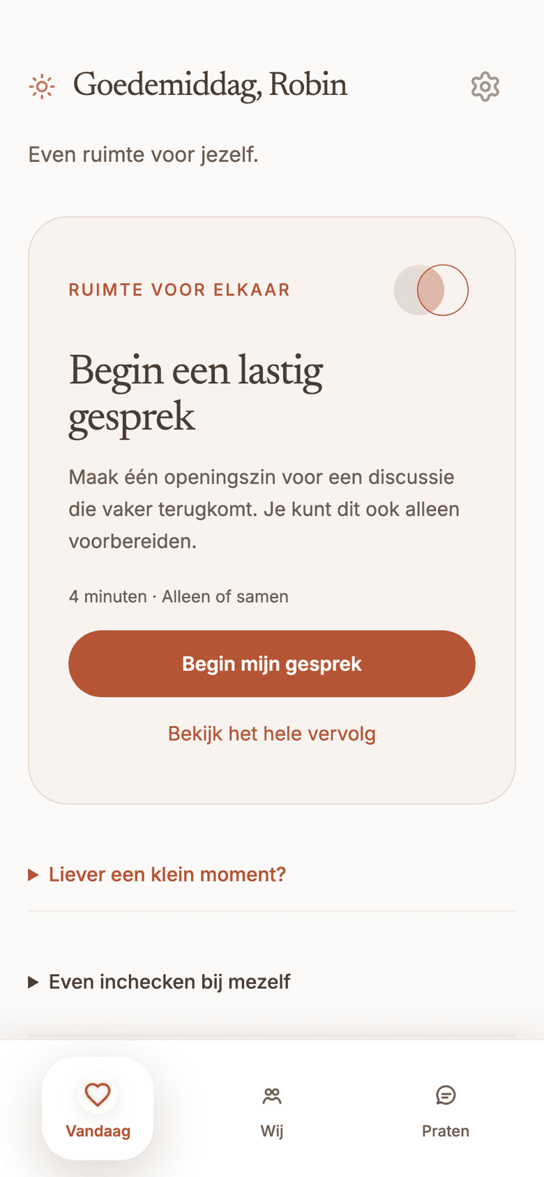 Het Vandaag-scherm van de Relove app
